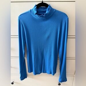 J. Crew Light Blue Ribbed Top with Ruffle Neckline